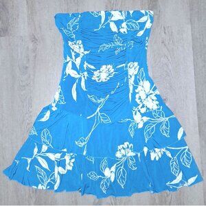 Vintage Y2k Tropical Hibiscus Flower Blue and White Strapless Tiered Dress LARGE